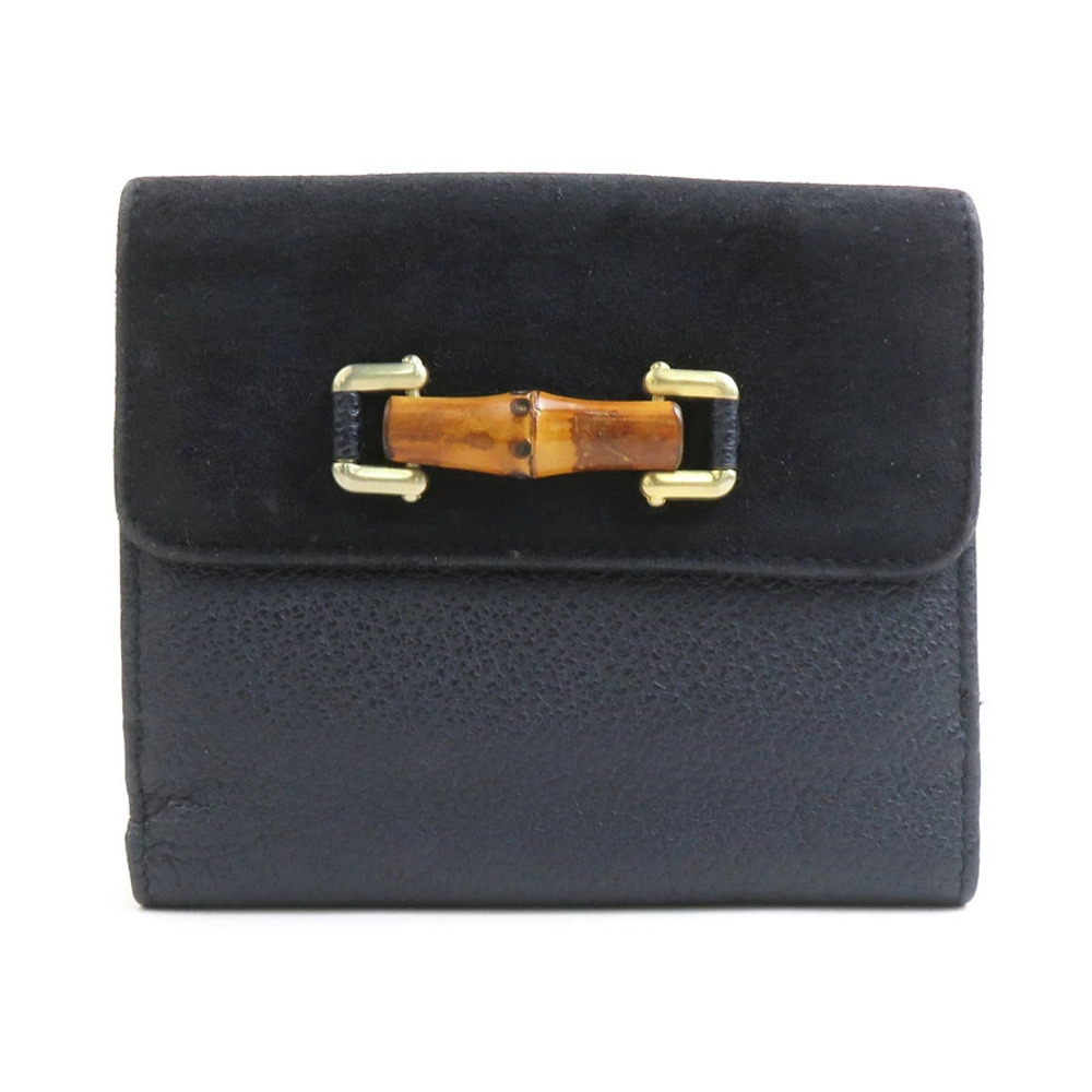 Gucci Bifold Wallet Bamboo Suede Leather Navy Blue Gold